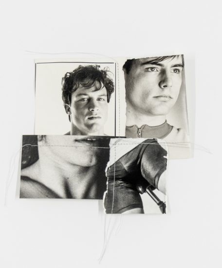 A black and white photocollage of images of men and a crotch on a bike seat.
