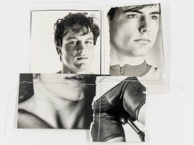 A black and white photocollage of images of men and a crotch on a bike seat.