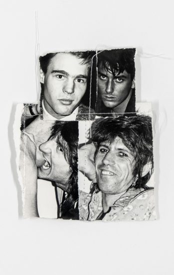 A black and white collage of pictures of various rock musicians.