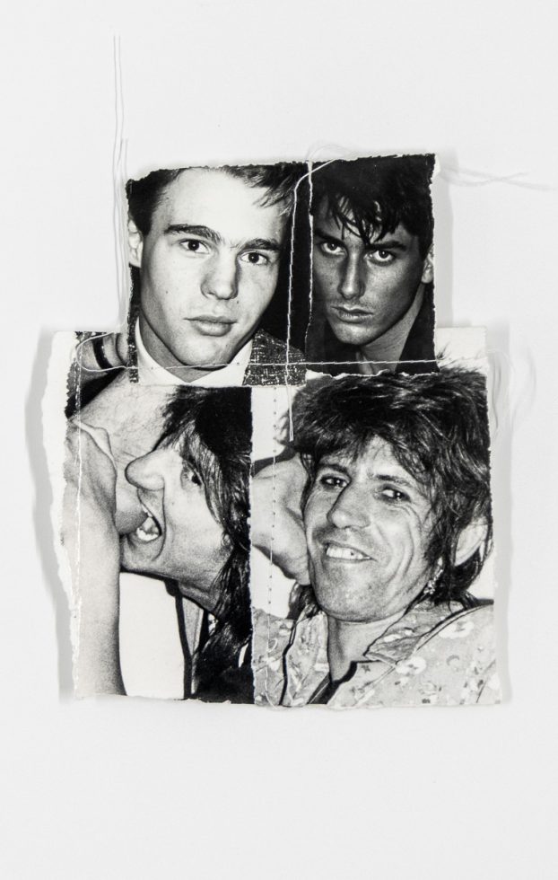 A black and white collage of pictures of various rock musicians.