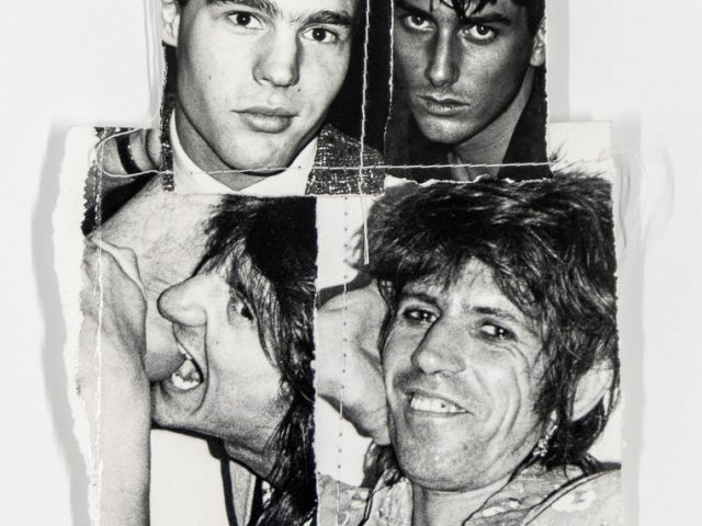 A black and white collage of pictures of various rock musicians.