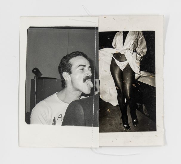 A black and white photographic collage of a man with his tongue sticking out and a woman in a bikini.