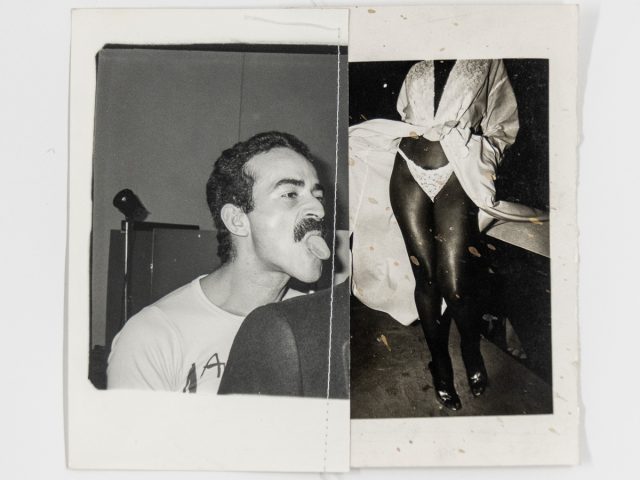 A black and white photographic collage of a man with his tongue sticking out and a woman in a bikini.