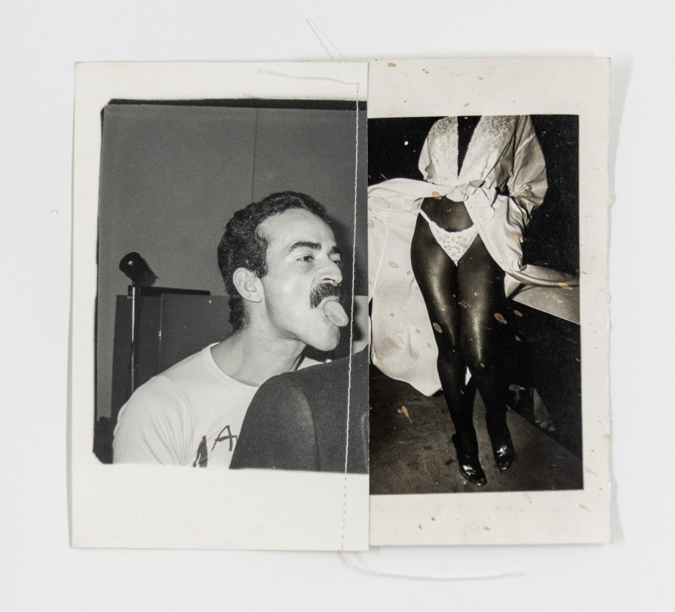 A black and white photographic collage of a man with his tongue sticking out and a woman in a bikini.