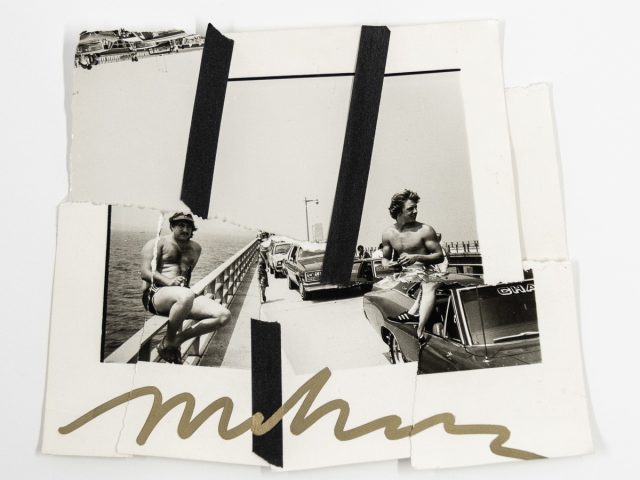 A black and white collage of two men hanging out on a pier.