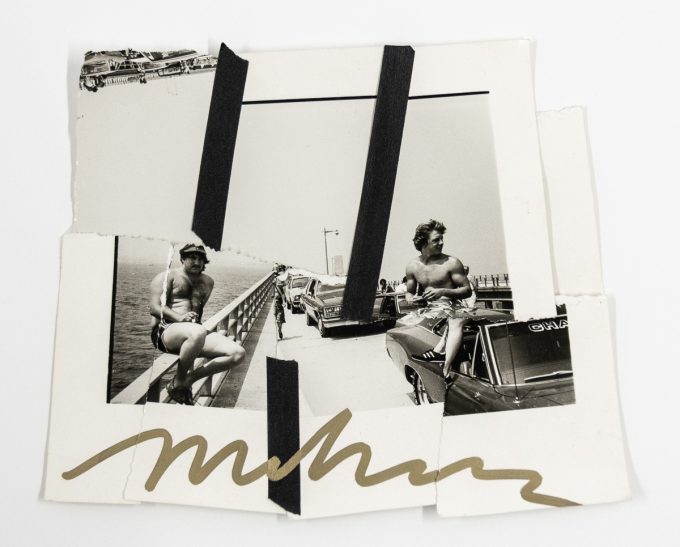 A black and white collage of two men hanging out on a pier.