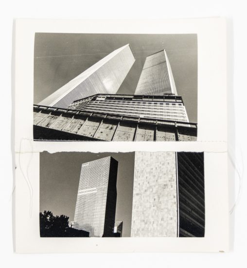 A black and white collage of images of the World Trade Center in New York.