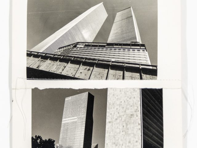 A black and white collage of images of the World Trade Center in New York.