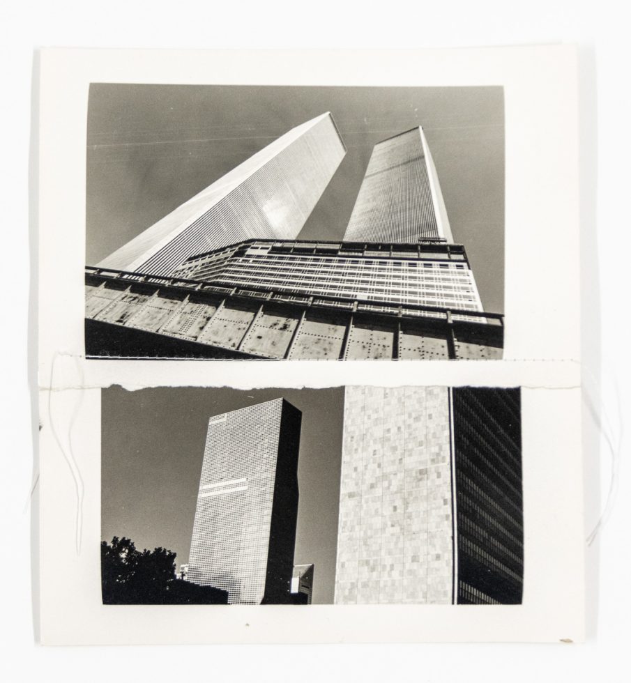 A black and white collage of images of the World Trade Center in New York.