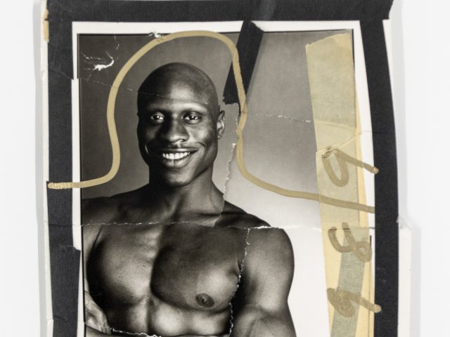 A black and white collage of a smiling shirtless man.