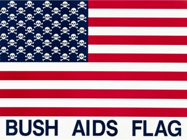 An American flag with skulls instead of stars and the text "Bush AIDS Flag"