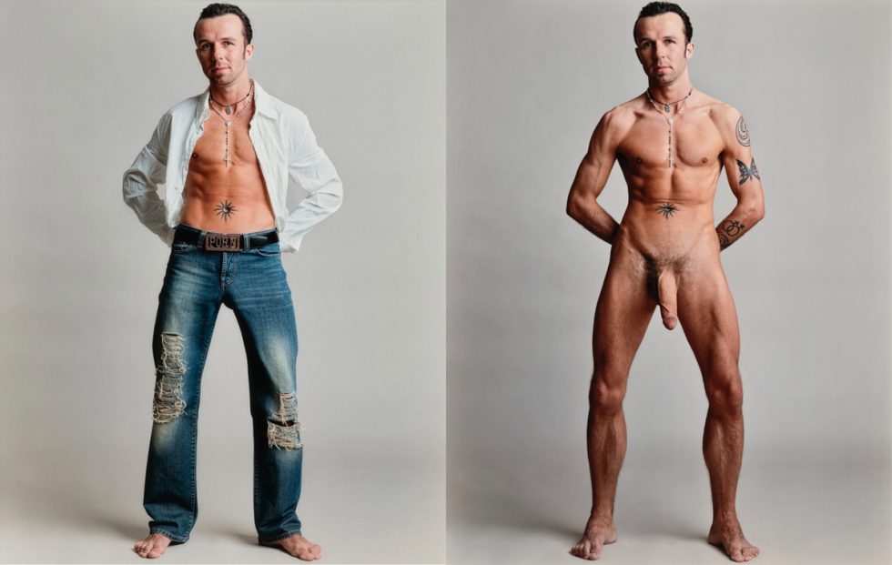 A diptych of two color portraits of a man clothed and unclothed on a neutral light photo backdrop.