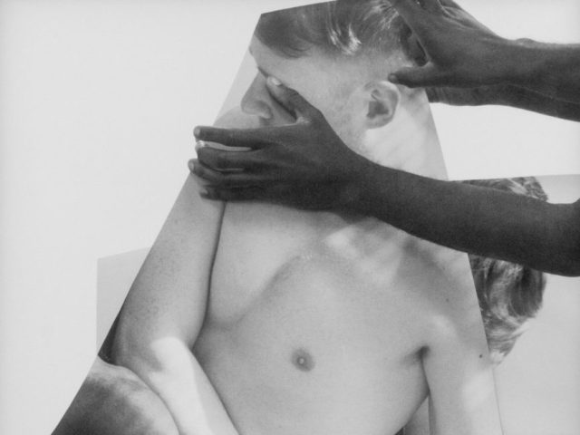 A black and white collaged image of a man rearranging photographs of another man.