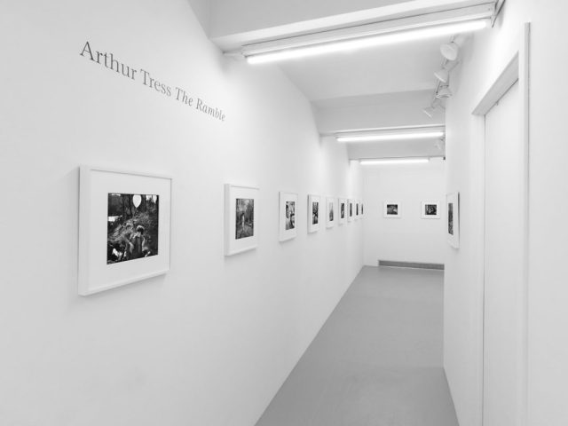 A photograph of black and white photographs in simple white frames on white gallery walls.