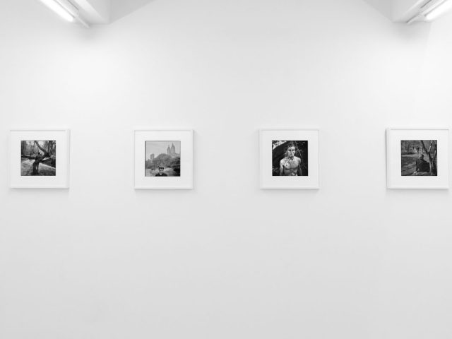 A photograph of black and white photographs in simple white frames on white gallery walls.