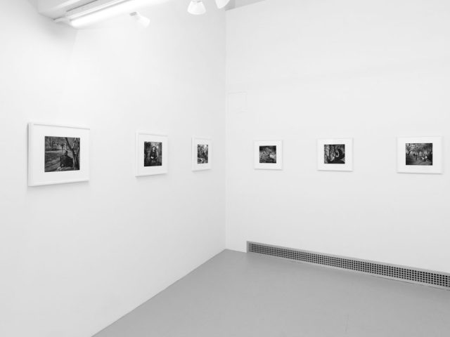 A photograph of black and white photographs in simple white frames on white gallery walls.