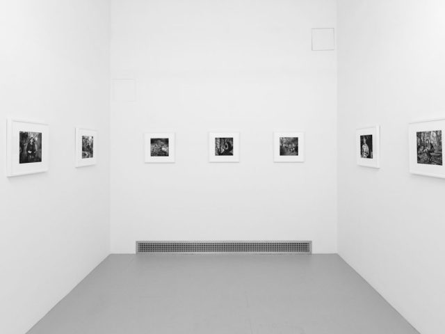 A photograph of black and white photographs in simple white frames on white gallery walls.