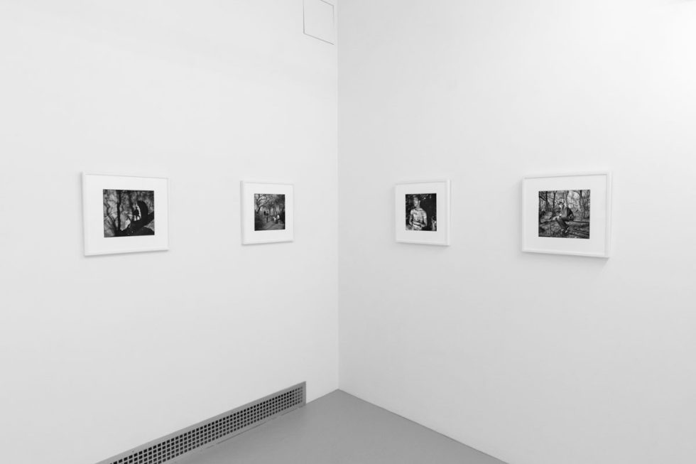 A photograph of black and white photographs in simple white frames on white gallery walls.