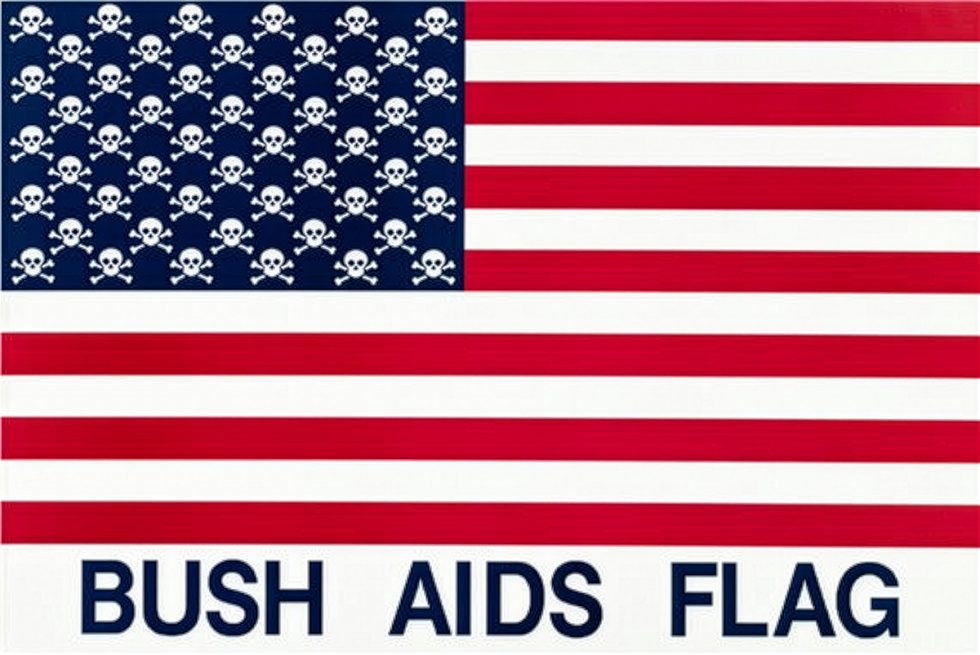 An American flag with skulls instead of stars and the text "Bush AIDS Flag"