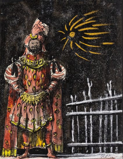A watercolor and ink depiction of a man in royal garb standing beside a fence.