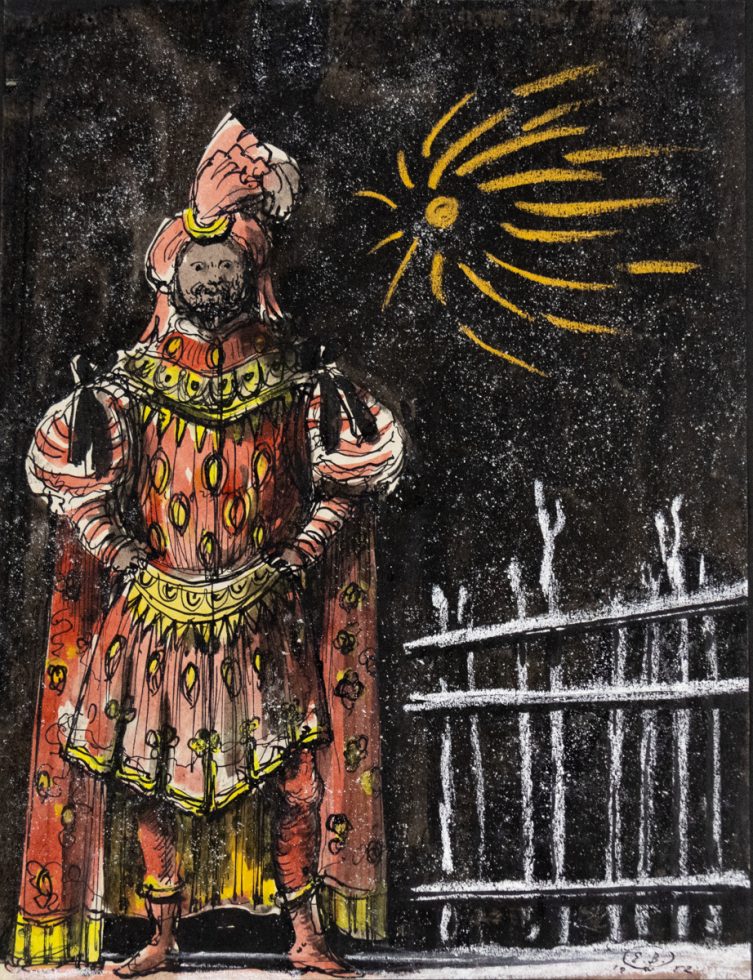 A watercolor and ink depiction of a man in royal garb standing beside a fence.