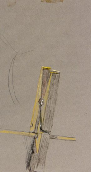 A drawing of a clothespin on beige paper.