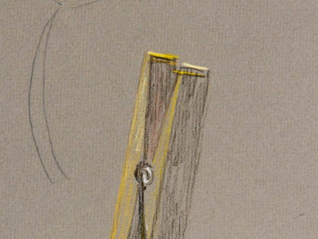 A drawing of a clothespin on beige paper.