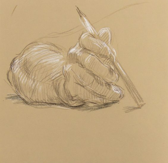 A drawing on beige paper of a hand with a pencil