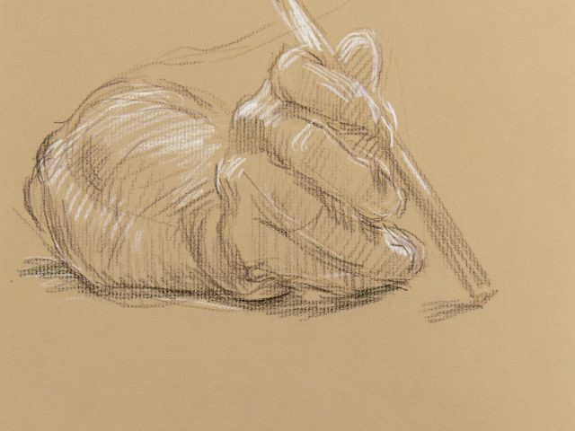 A drawing on beige paper of a hand with a pencil