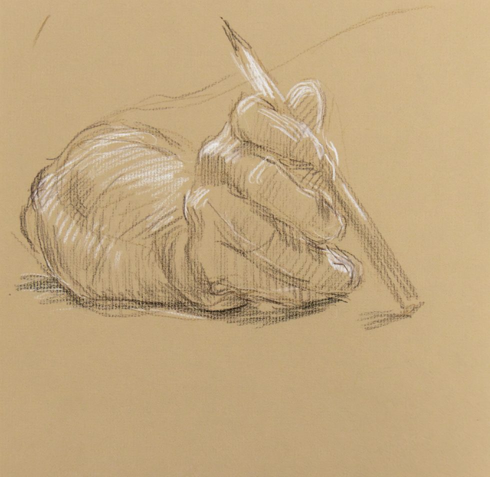 A drawing on beige paper of a hand with a pencil