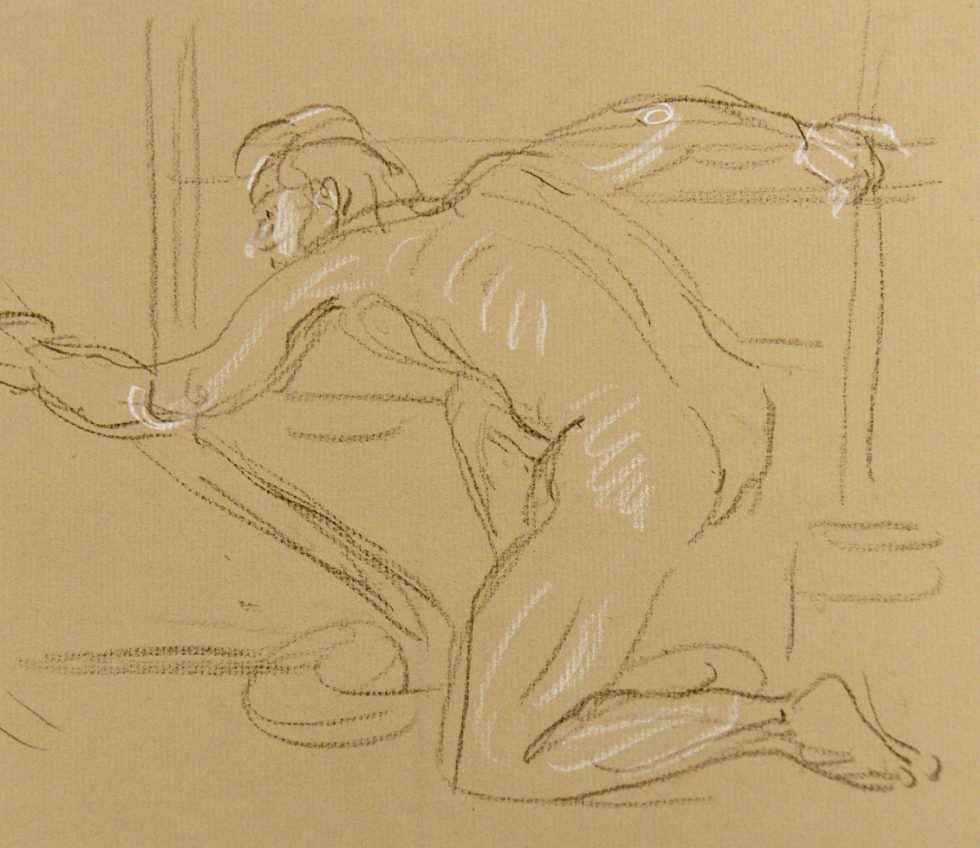 A drawing of a man kneeling on a beige background.