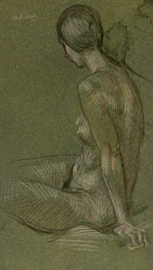 A drawing of a nude woman sitting facing away from the viewer.