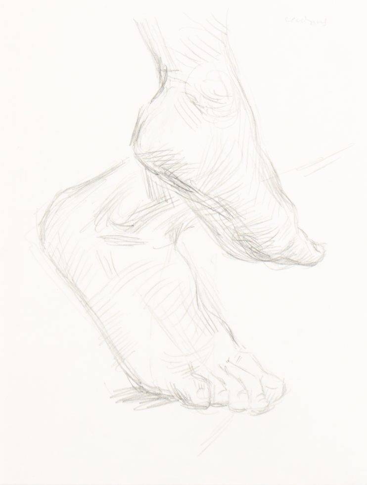 A drawing of feet on a white piece of paper.