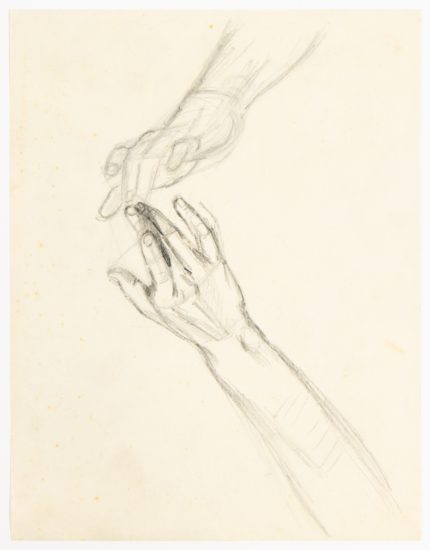 A drawing on beige paper of two hands touching.