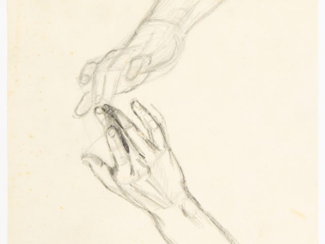 A drawing on beige paper of two hands touching.