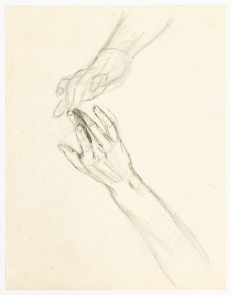 A drawing on beige paper of two hands touching.