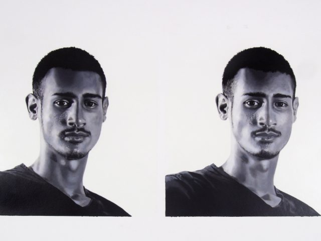 A black and white drawing of two men on a white background.