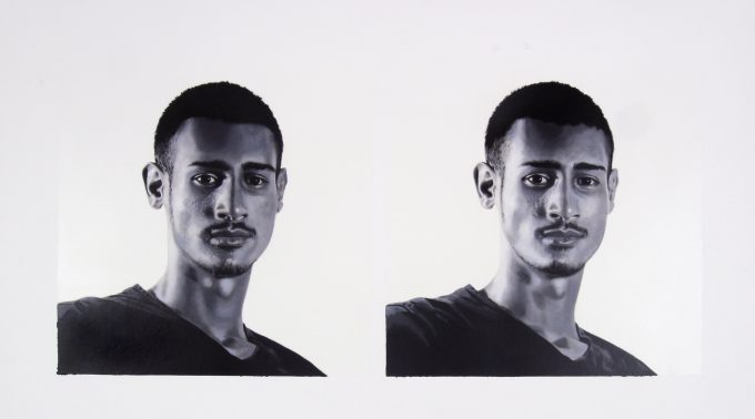 A black and white drawing of two men on a white background.