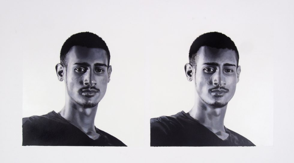 A black and white drawing of two men on a white background.