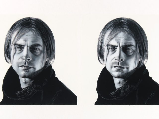 A black and white drawing of two men on a white background.