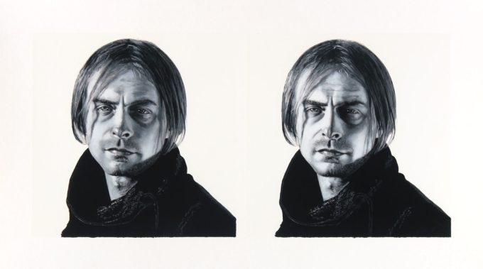 A black and white drawing of two men on a white background.