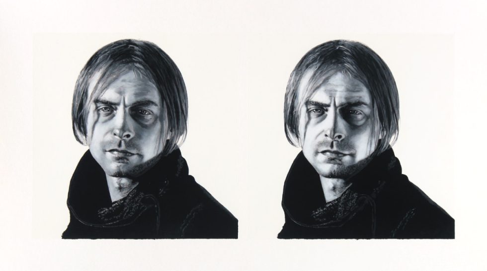 A black and white drawing of two men on a white background.