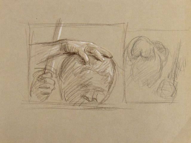 A drawing on beige paper of someone getting their haircut