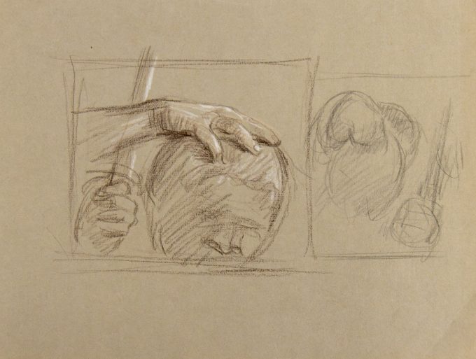 A drawing on beige paper of someone getting their haircut