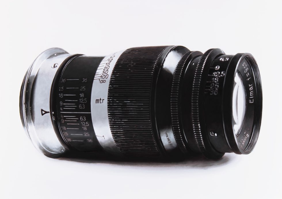 A black and white drawing of a camera lens on a white still life backdrop.