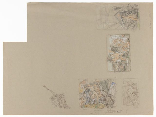 A beige drawing with multiple small studies