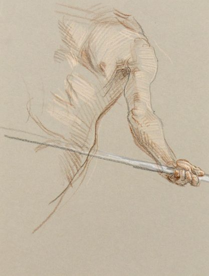 A drawing on beige paper of a shirtless man holding a pole