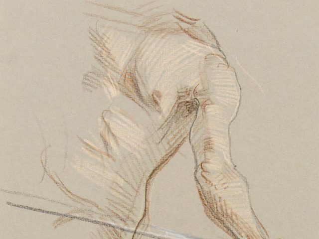 A drawing on beige paper of a shirtless man holding a pole