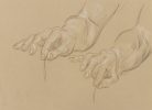 A drawing on beige paper of hands.