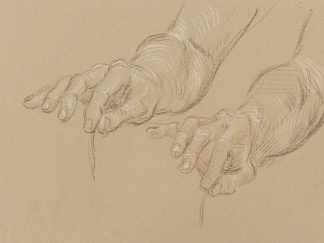 A drawing on beige paper of hands.